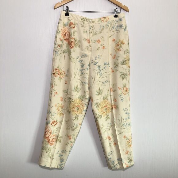 Talbots Pants Womens 10 Yellow Linen Floral Cottage Ankle Tapered Resort Vintage - Picture 1 of 12